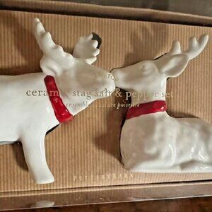 NEW 2 PCS Pottery Barn Ceramic Stag Salt & Pepper Shaker Set Reindeer Christmas